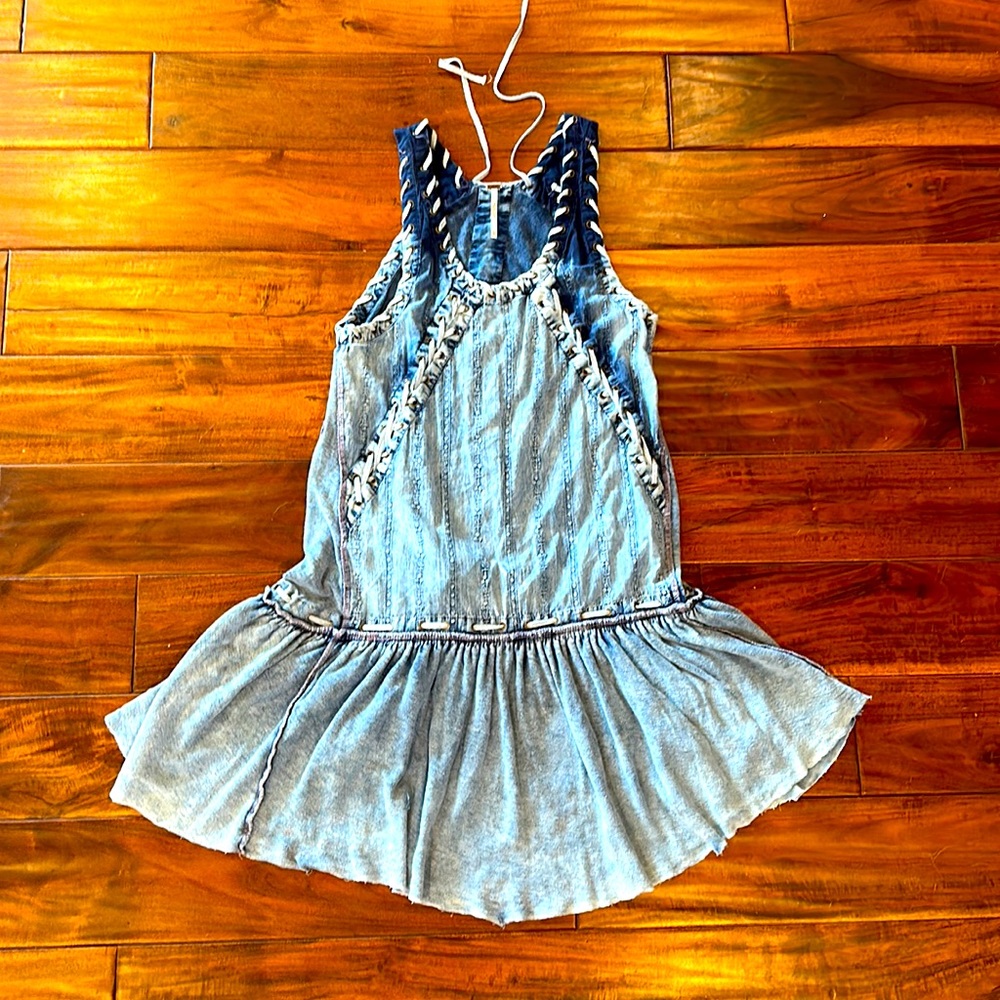 Free People Blue Denim Mini Sleeveless Dress XS with Tie Lace Detailing